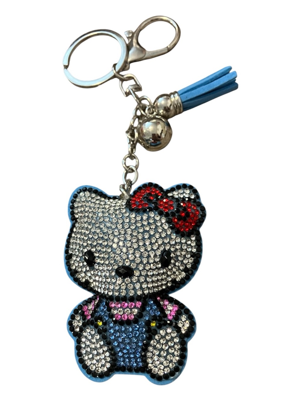 Crystal Hello Kitty Keychain Charm in Blue with Red Bow